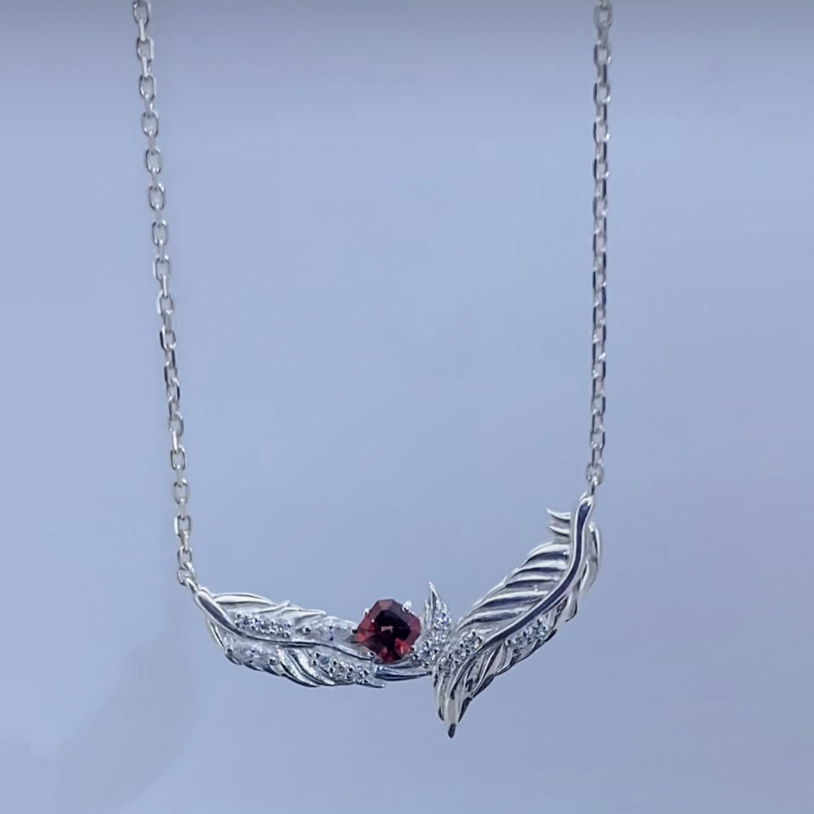 Sylus Feather Necklace — 925 Sterling Silver with Red Tourmaline