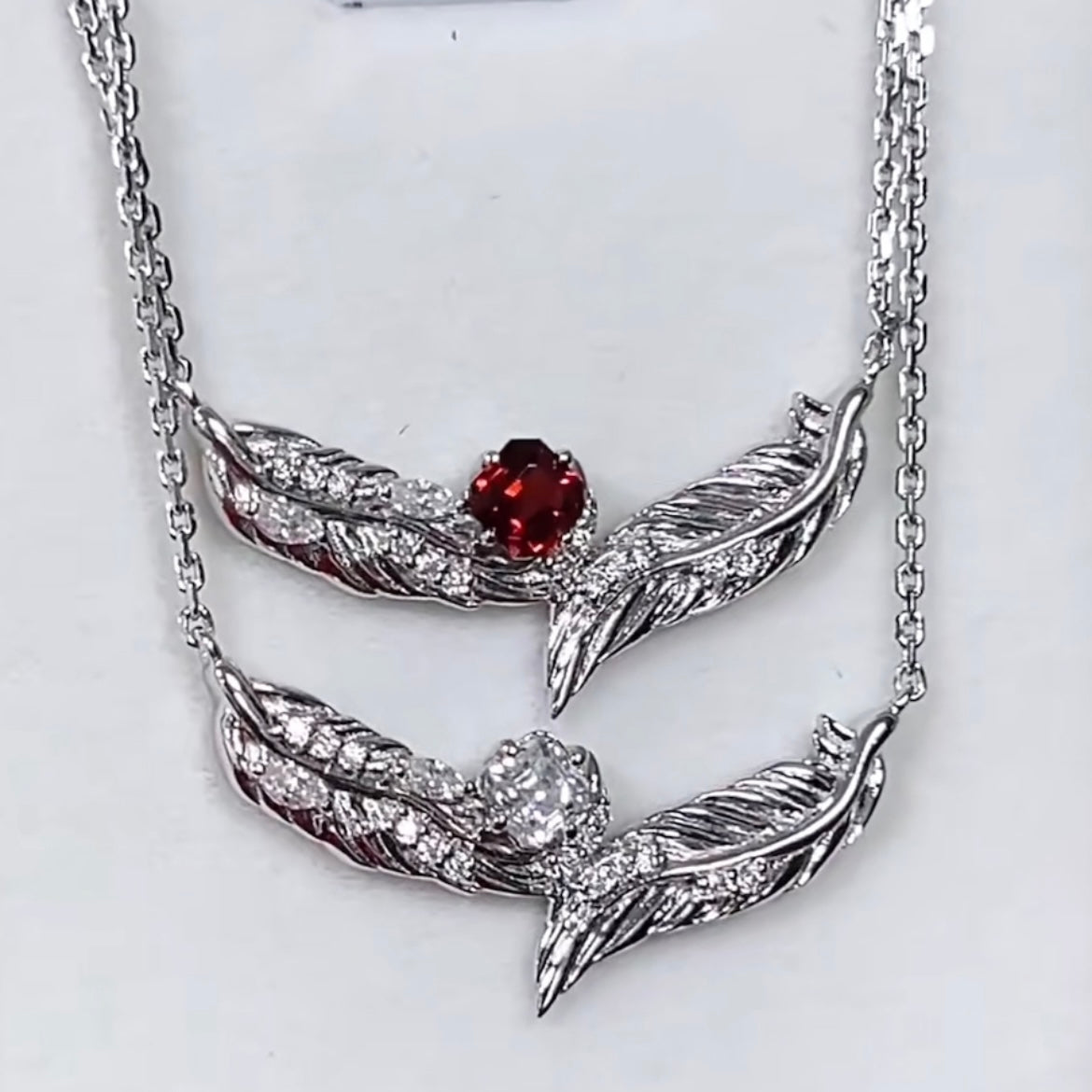 Feather Necklace — 925 Sterling Silver with Red Tourmaline