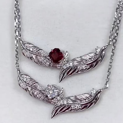 Feather Necklace — 925 Sterling Silver with Red Tourmaline
