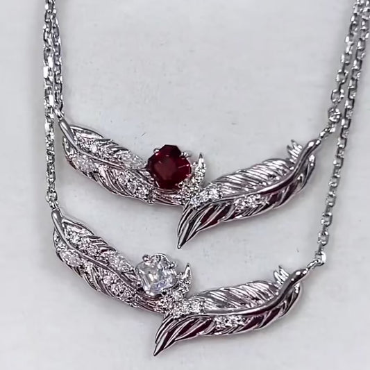 Feather Necklace — 925 Sterling Silver with Red Tourmaline