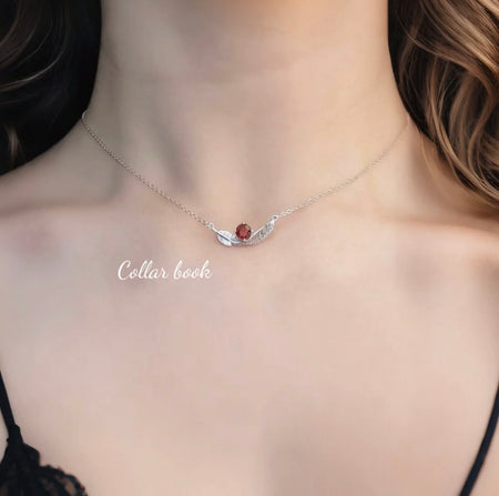Little Feather Necklace — 925 Sterling Silver with Natural Garnet